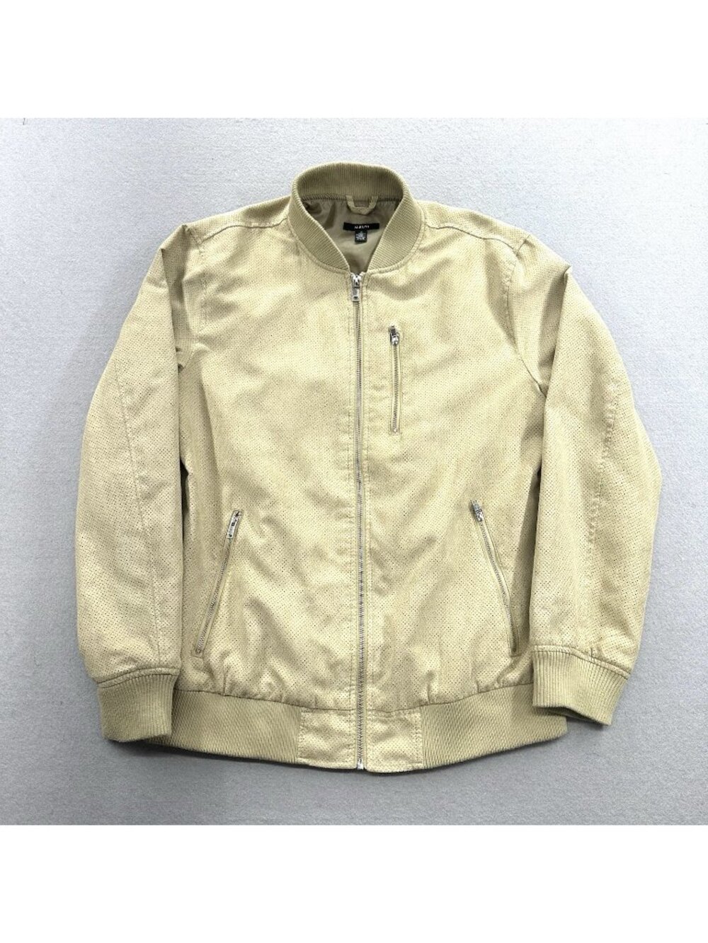 Alfani Bomber Jacket Mens M Beige Textured Diamond Weave Faux Suede Full Zip EUC
